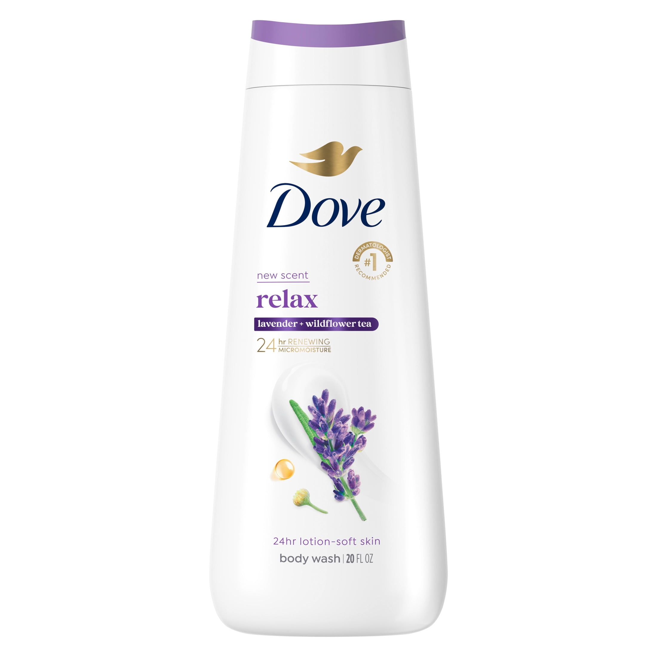 (4 pack) Dove Body Wash For 24hr Lotion-Soft Skin Relax Lavender Oil & Chamomile Moisturizing Skin Cleanser With No Sulfates No Parabens ,20 fl oz