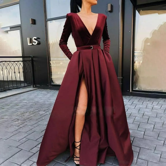 Womens Dress Deep V Long Sleeve Dress Slit Big Swing Maxi Dress Evening Long Women Dresses Satin under 70 Party Gowns for Women High Slit Dress Evening Gown Winter Formal Wear for Women plus Size