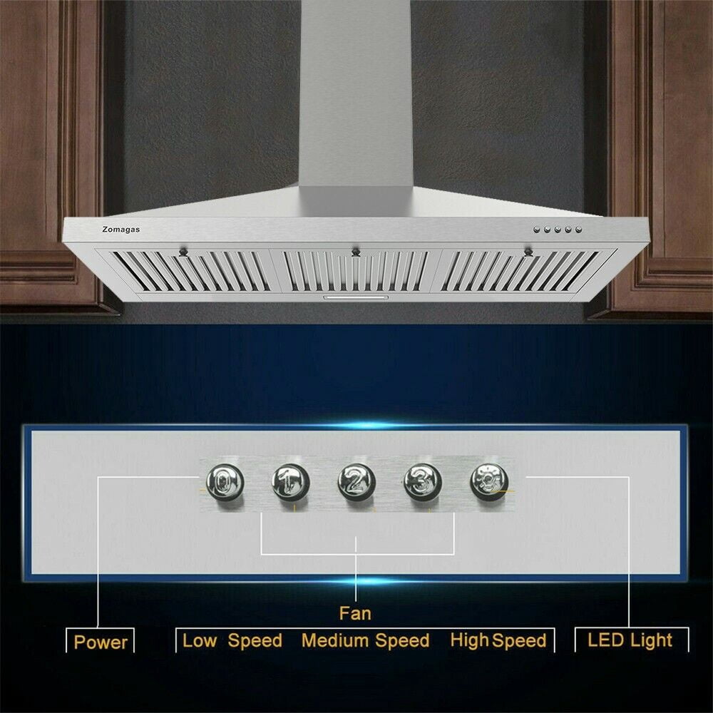 36 inch Range Hood Wall Mounted Vent Hood Stainless Steel Ducted/Ductless 3 Speed Exhaust Fan