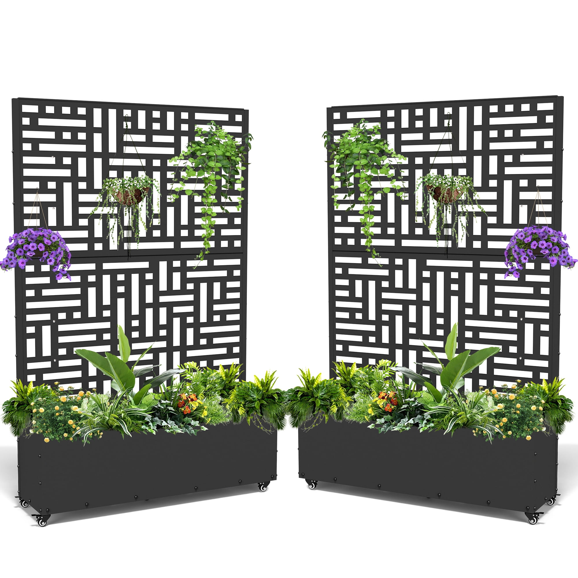 FOOWIN 71'' H Metal Planter with Trellis and Wheels , Outdoor Raised Garden Bed for Climbing Plants, Trellis Planter Box with Drainage Hole, Black