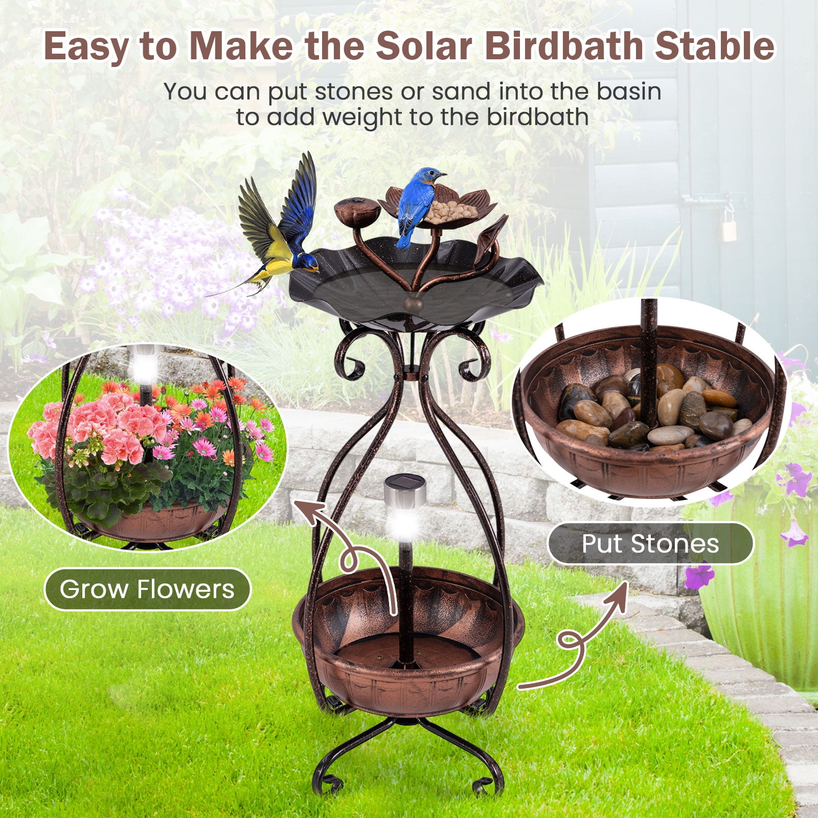 Infans Solar Outdoor Bird Bath & Feeder Combo w/ Flower Planter Pedestal & Solar Lights