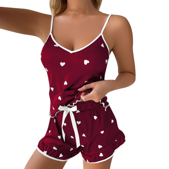 JIANJIA Womens Pajama Sets Ice Silk Soft Heart Print V Neck Spaghetti Strap Camisole Vest Tops With Shorts Two Piece Sleepwear Nightwear,Red,L