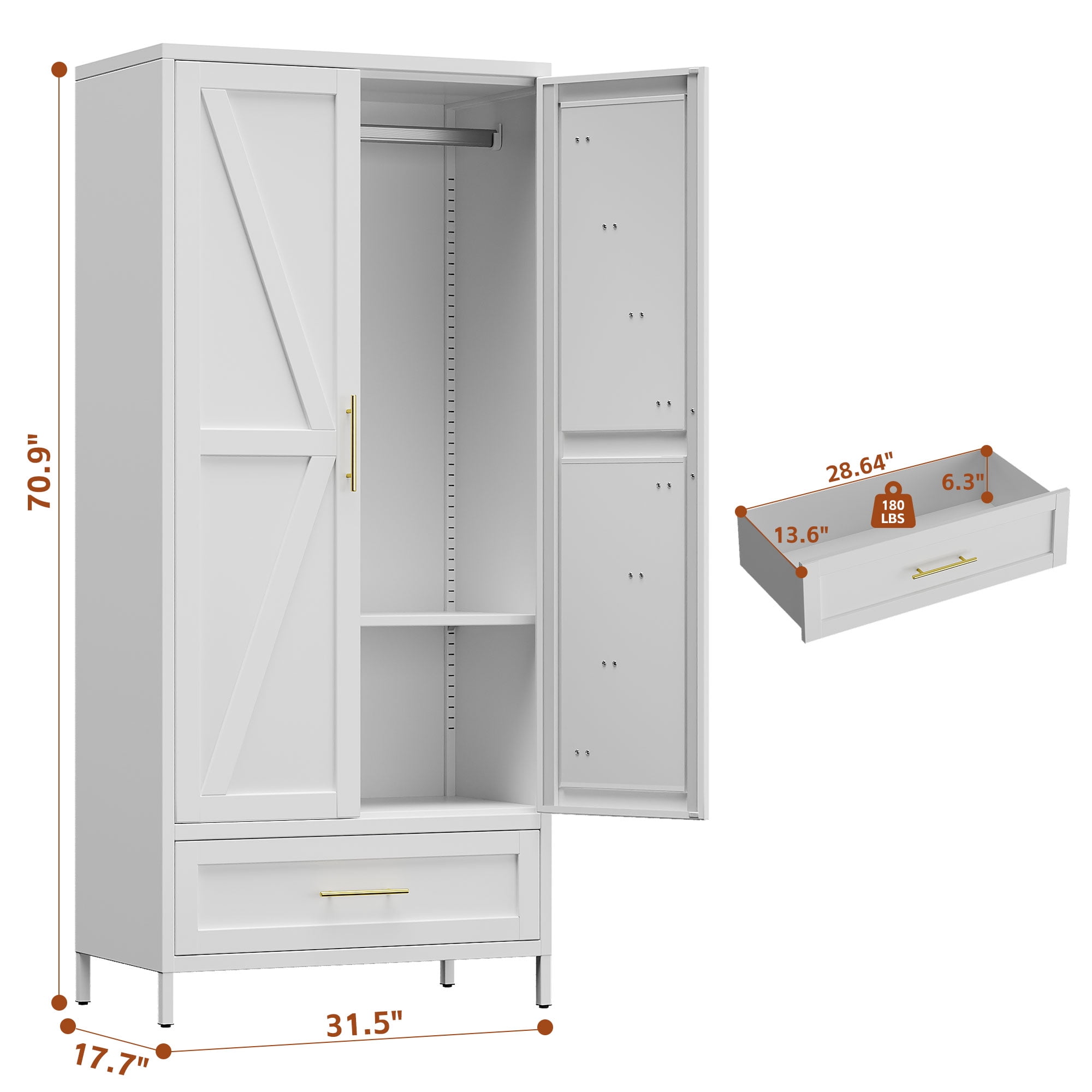 GangMei Metal Storage Cabinet Locker with 1 Drawer, Large Steel Cabinet with Hanger Rod and Adjustable Shelf for Living Room,Office,School,Gym,Garage,(White)