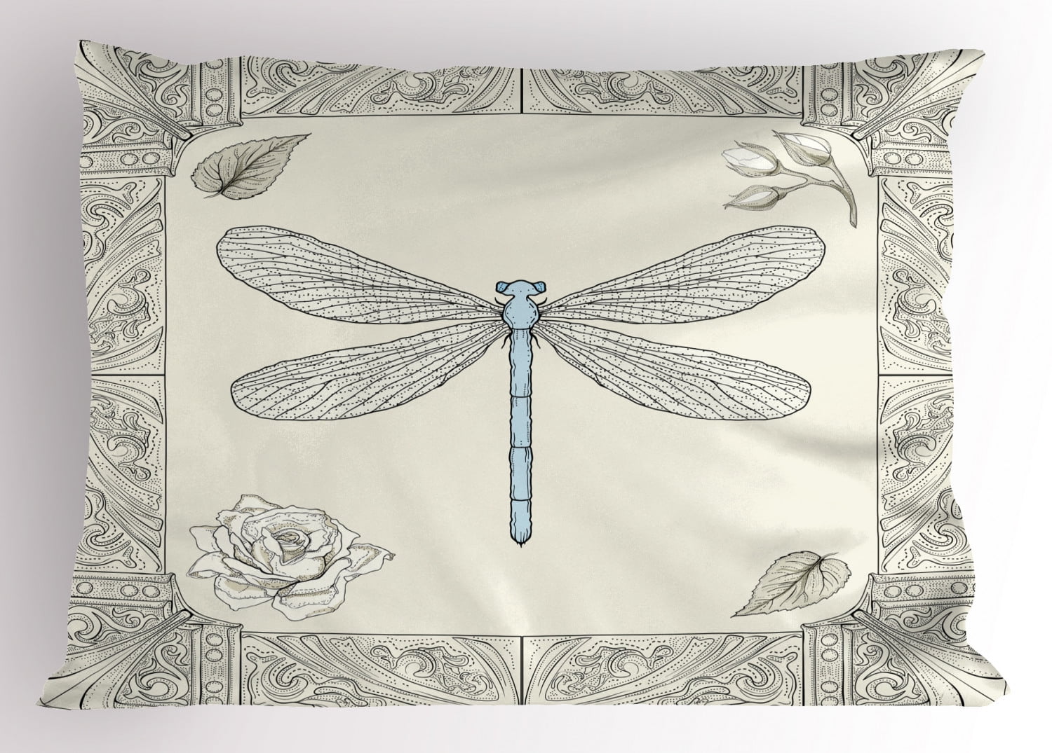 Dragonfly Pillow Sham Hand Drawn Royal Ancient Style Rose Petals Leaves and Ornate Figures Design, Decorative Standard Size Printed Pillowcase, 26 X 20 Inches, Black Pale Blue, by Ambesonne