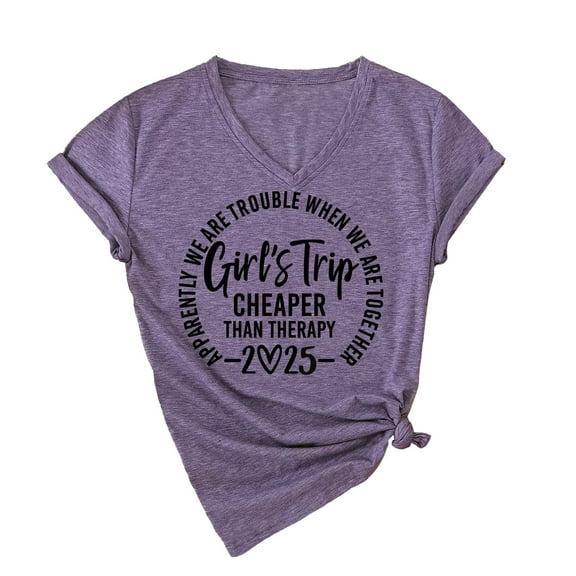 GEWSEY Girls Trip T Shirts for Women 2025 Funny Travel V Neck Tshirt Short Sleeve Tees Tops Soft Cotton T-Shirts (Dark Purple, M)
