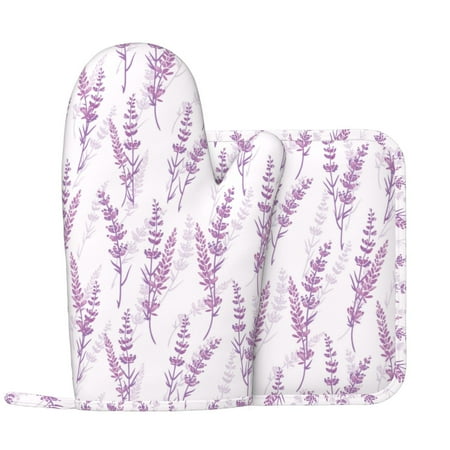 

Oven Mitts and Pot Holders Sets Lavender Flowers Pink Non-Slip Silicone Oven Gloves Potholders Cotton Lining Heat Resistant Gloves Hot Pads for Kitchen Cooking Baking