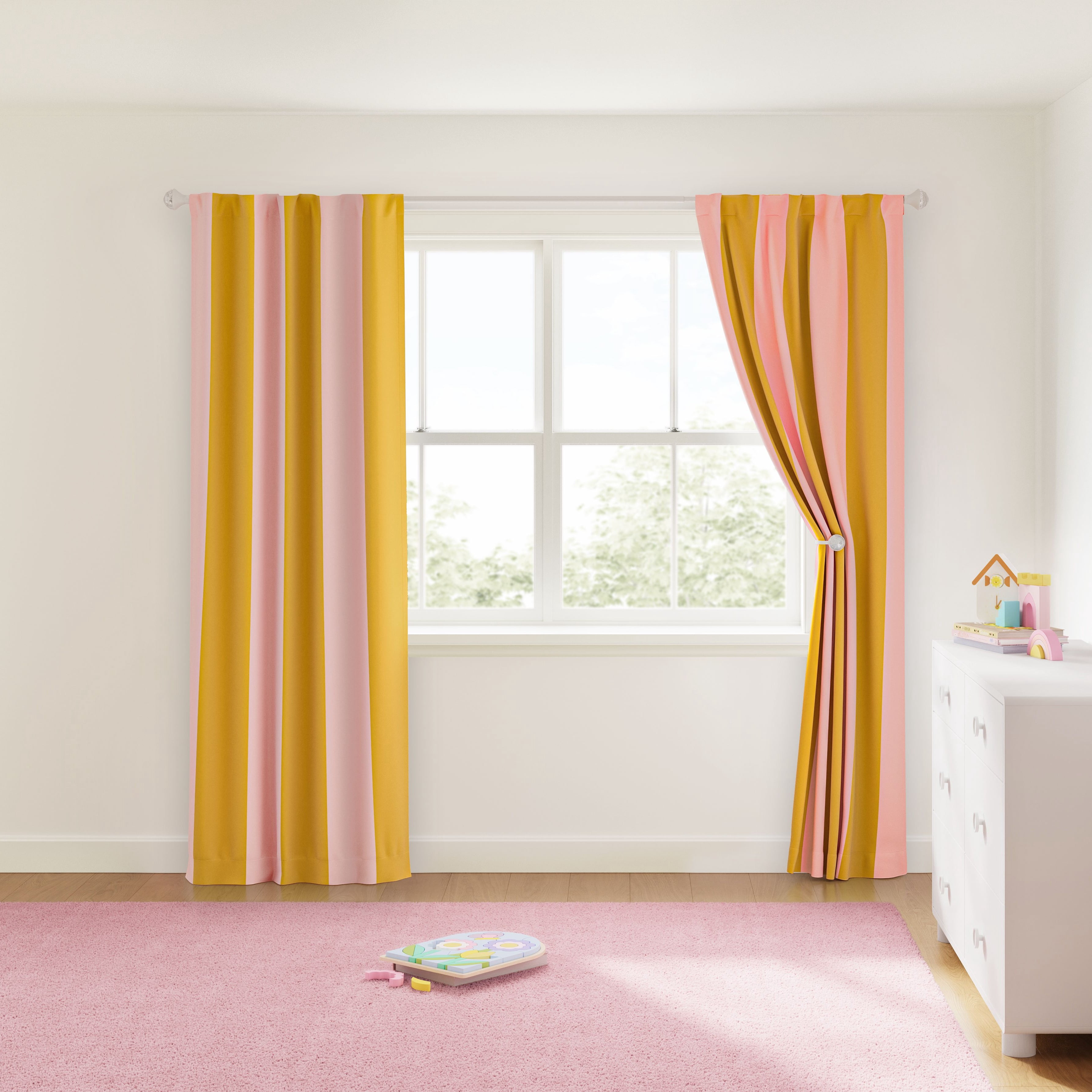 Mainstays Kids Pink and Gold Yellow Cabana Stripe Printed Blackout Rod Pocket with Back Tabs Single Curtain Panel, Set of 1, 38" W x 84" L