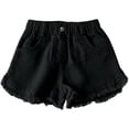 thumbnail image 5 of Girls' Denim Shorts with Pockets, Elastic Waist Casual Style, Featuring Frayed Hem for Comfortable All-Day Wear 1-9 Years Black 2-3 Years, 5 of 9