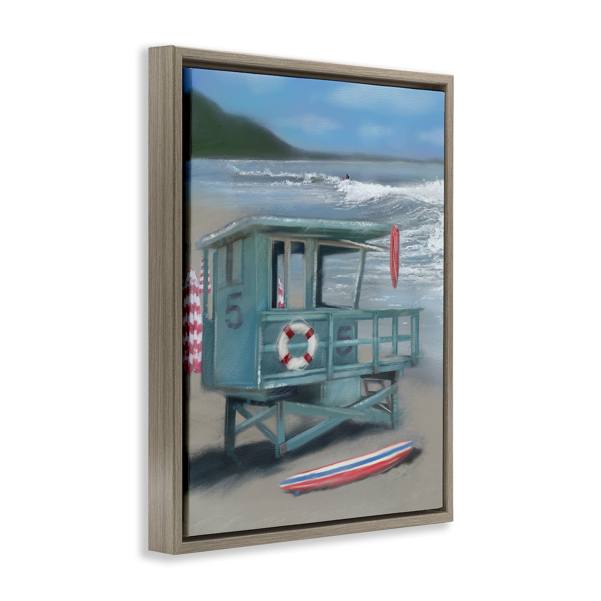 Stupell Industries Lifeguard Stand on Shore Coastal Painting Brown Floater Framed Canvas Art Print Wall Art, 17 x 21