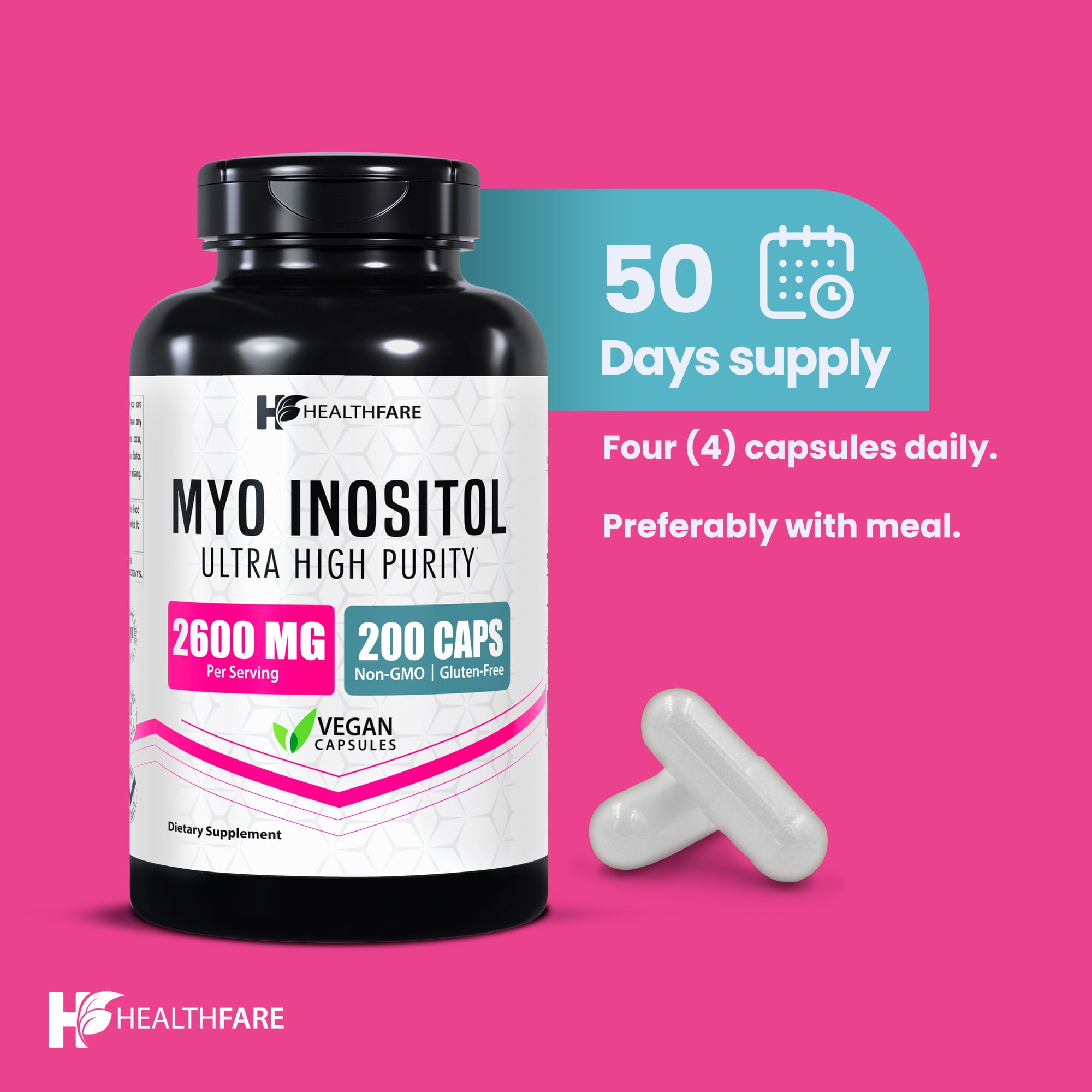 HealthFare Myo Inositol Supplement, 2600mg | 200 Veg Capsules | Ultra Strength | Healthy Ovarian Support for Women | Vitamin B8 for Women