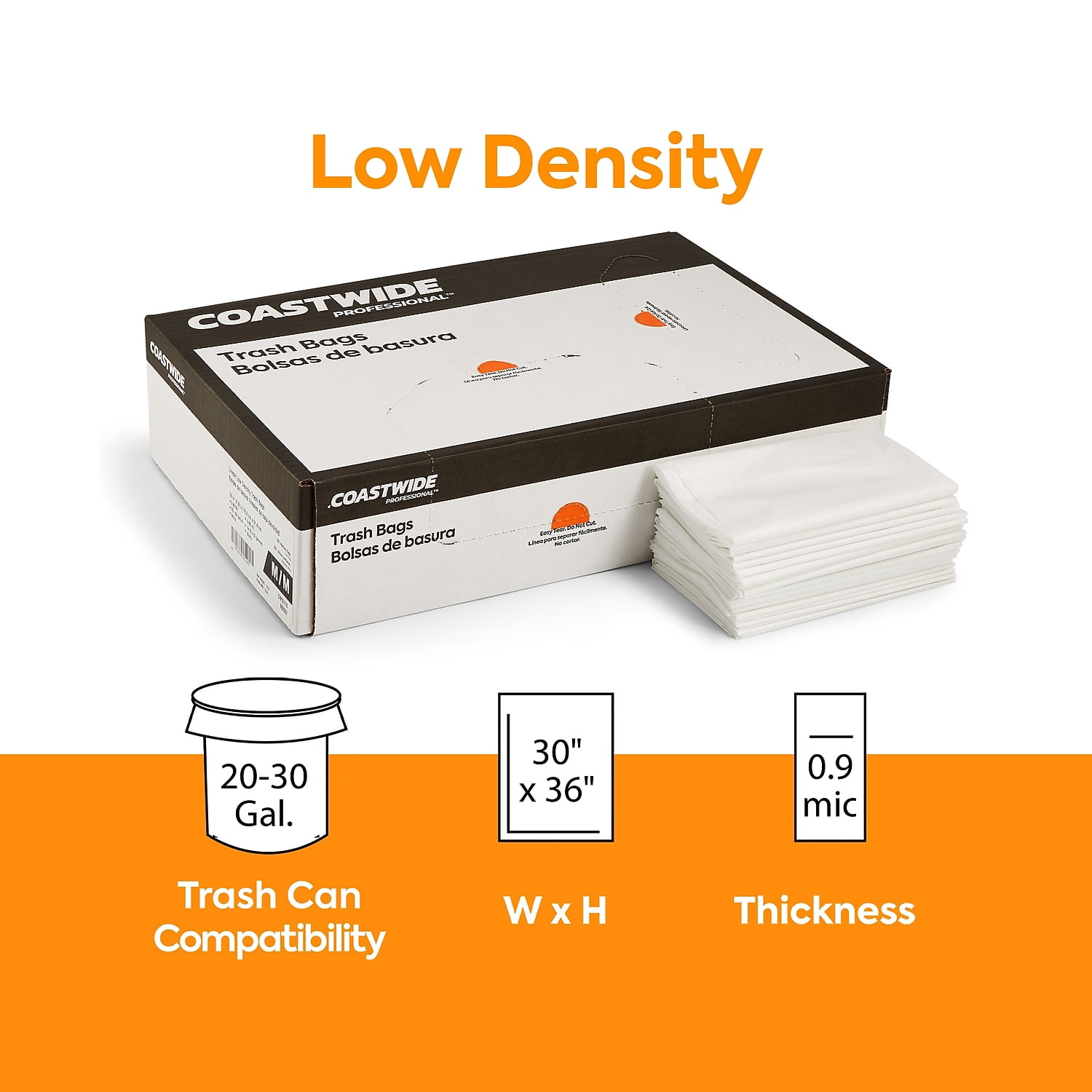 Staples Coastwide Professional 20-30 Gallon Trash Bag 30" x 36" Low Density 0.9 mil White 200