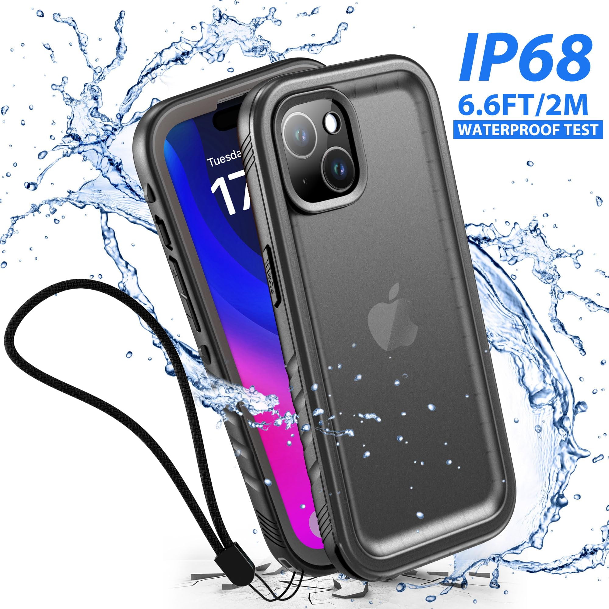 SPORTLINK Waterproof Case for iPhone 15 Plus Military Dropproof Full Body Shockproof Dustproof Phone Screen Protector Cover 6.7 inch - Frosted Black