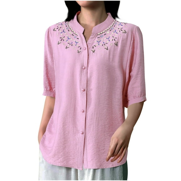 successthop Womens Button Down Blouses 3/4 Sleeve Plus Size Clothes Lightweight Oversized Tops Embroidered Solid Shirts