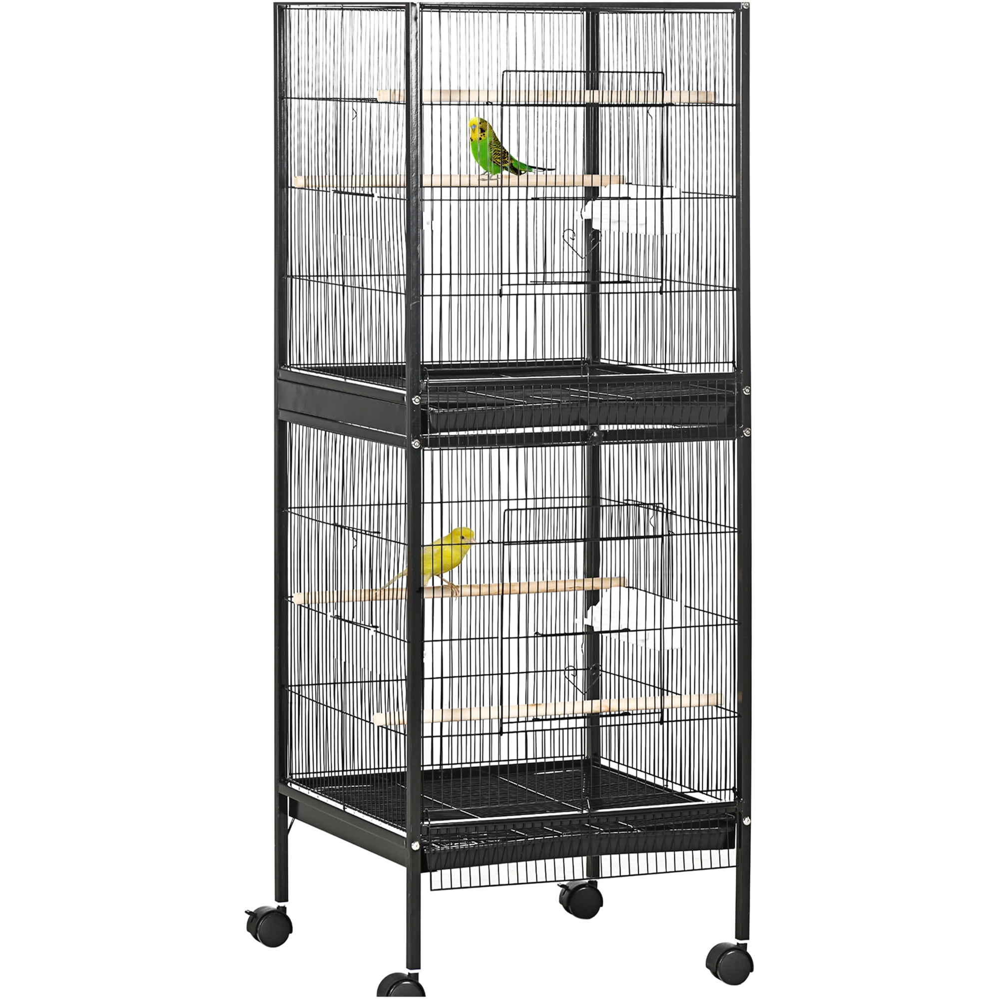 JERFIT 55" Large Black Wood Bird Cage for Parakeets, Canary & Conure - Wide 20.5" Flight Aviary with 4 Wheels, Multi-Doors & Easy Clean Tray