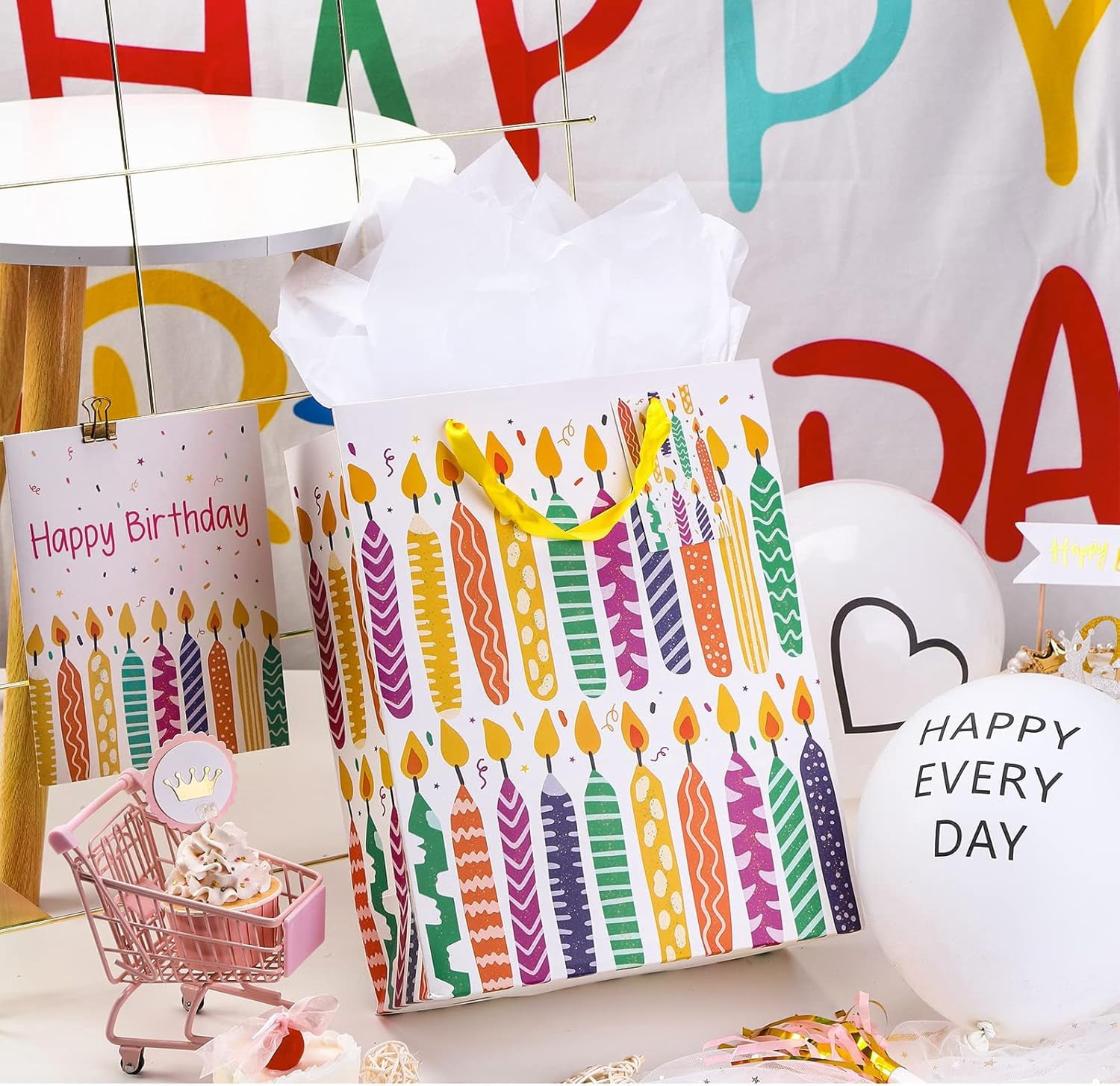 Loveinside Birthday Gift Bag Design with Tissue Paper and Greeting Card for Bitthday, Party and More - 10" x 5" x 13", 1 Pcs - Colorful Happy Birthday