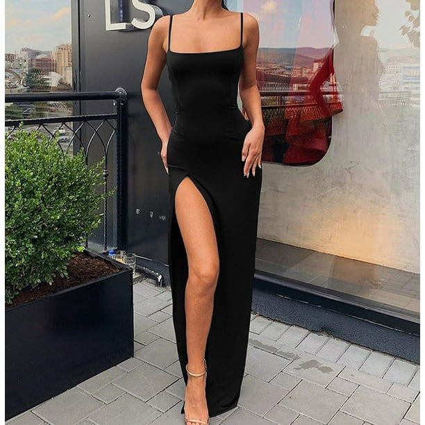 Women Fashion Soild Spaghetti Strap Off Shoulder Split Sleeveless