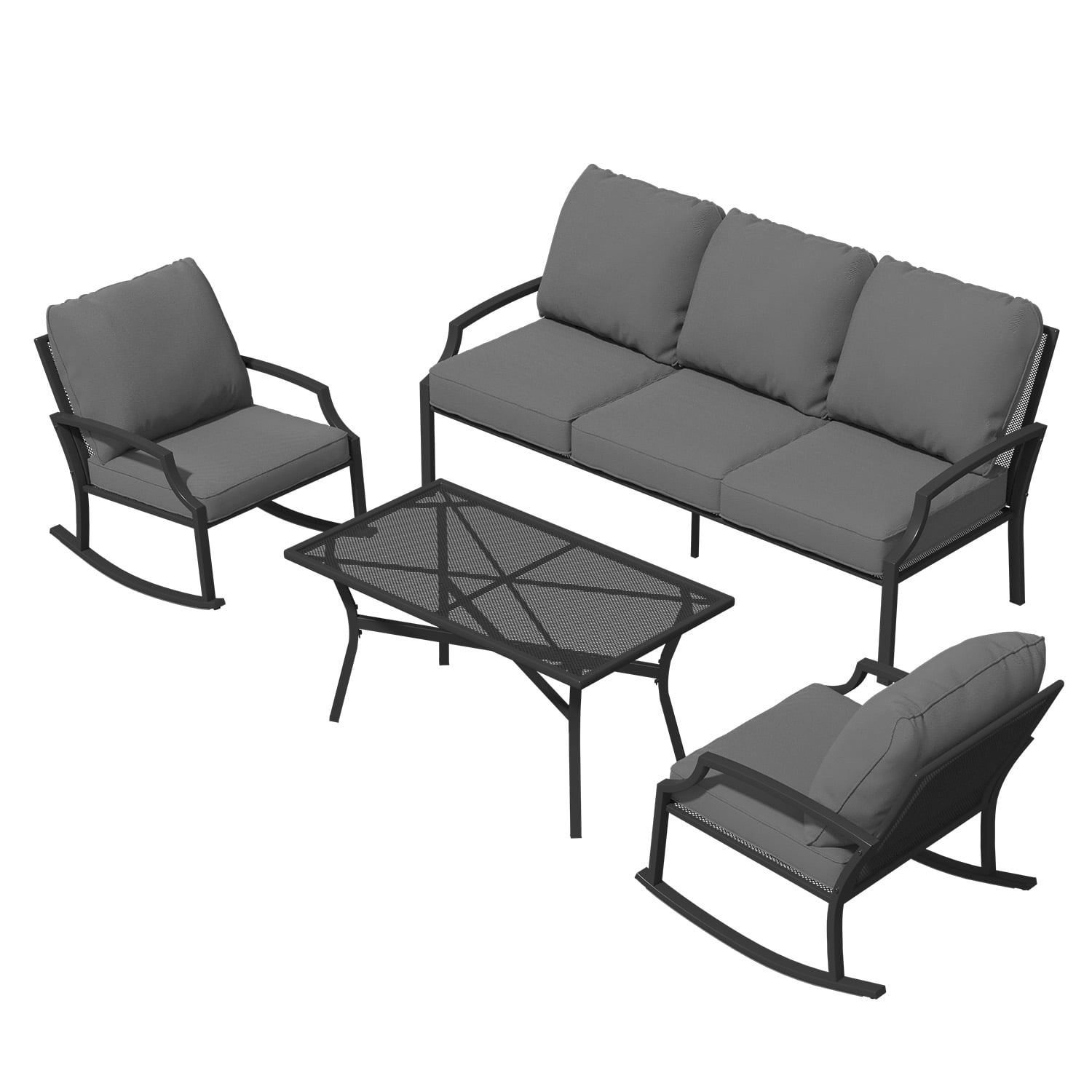 AECOJOY Outdoor Patio Furniture Set with Rocking Chair,Metal Mesh Patio Conversation Bistro Set with Coffee Table for Porch Deck Backyard Garden