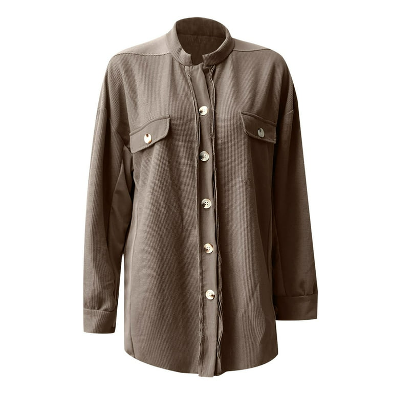Sksloeg Womens Shacket with Pockets 2024 Lapel Long Sleeve Raw Edge Shacket  Jacket Button Down Fall Shirt Coat with Pockets,Gray M 