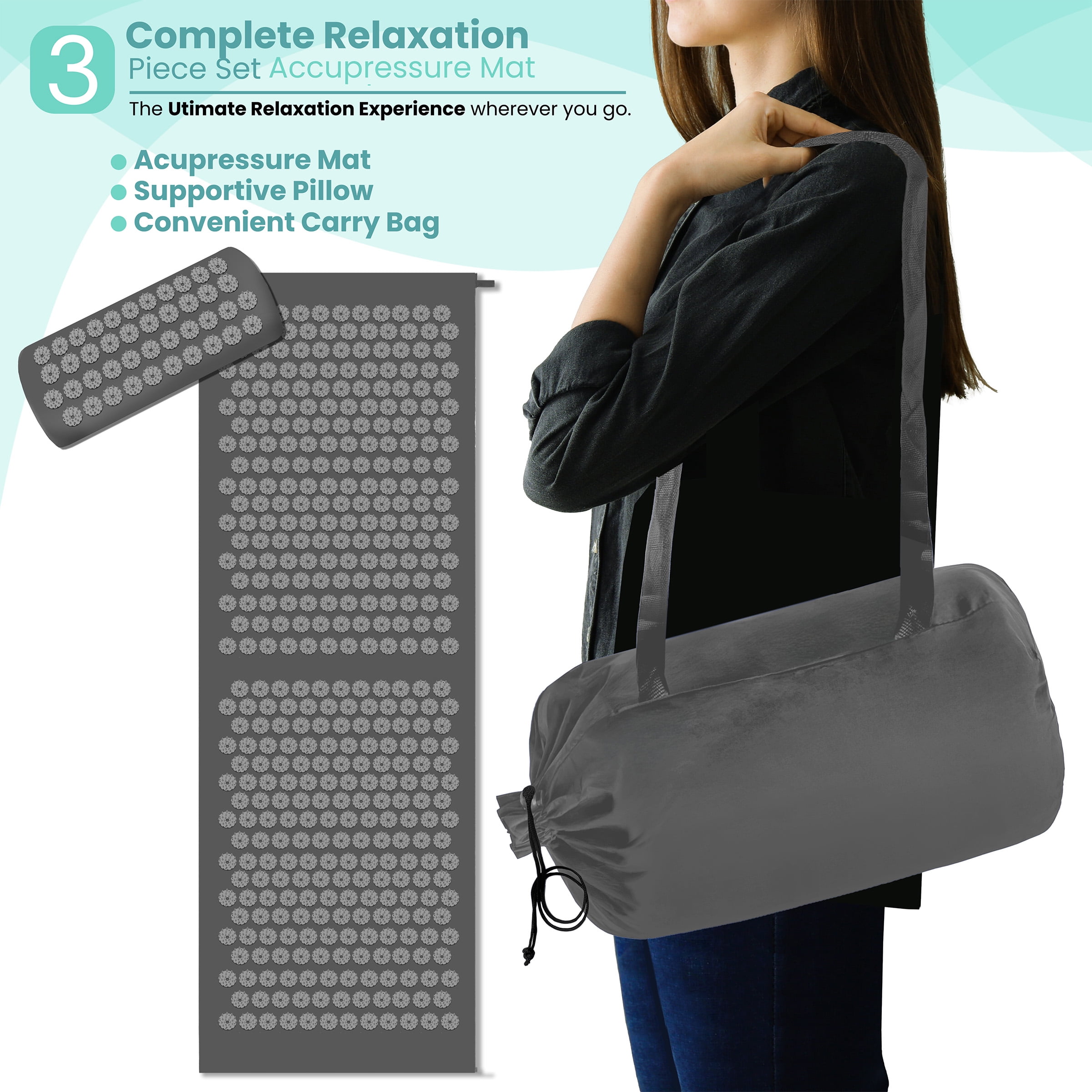 Sivan Health and Fitness Large Acupressure Mat and Pillow Set - Grounding Mat for Stress, Back & Neck Pain - Acupuncture Point Massage Mat - Includes Carry Bag