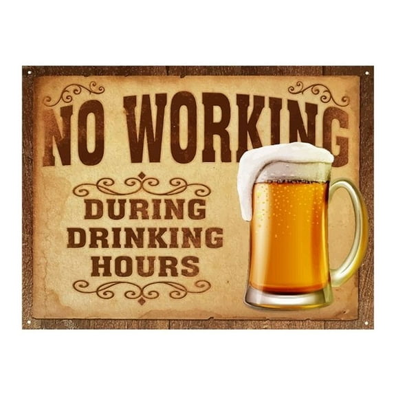 Funny Wall Signs for Home & Kitchen, 'No Working During Drinking Hours' Vintage Tin Signs, Funny Vintage Kitchen Signs, Retro Signs for Man Cave, Beer Novelty Signs, Funny Door Signs About Beer