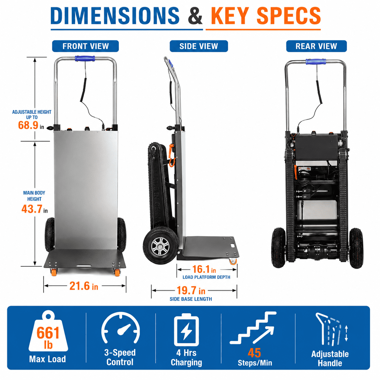 RXFSP 661 lb Capacity Electric Stair Climbing Hand Truck, Black