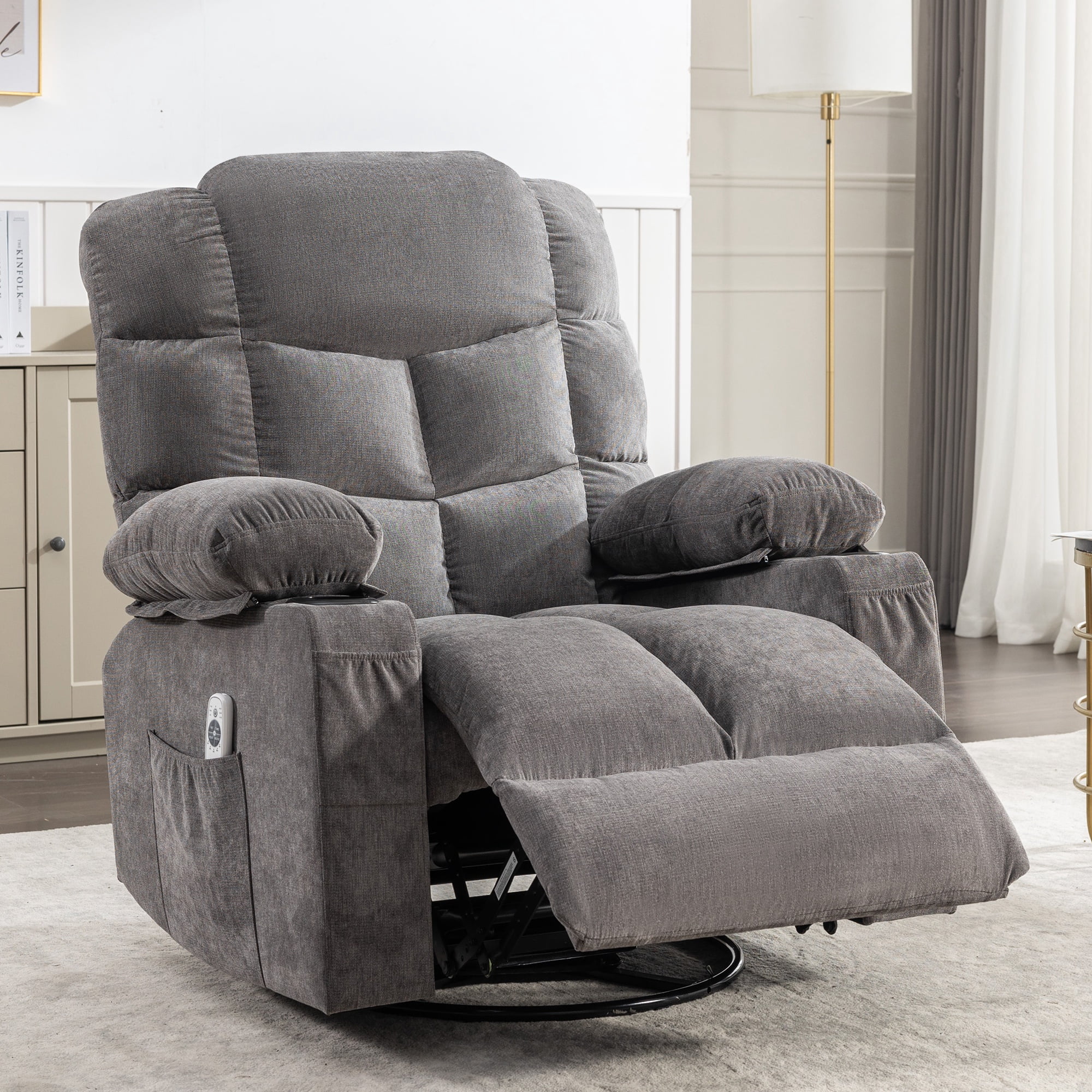 Swivel Rocker Chair, LEGAHOME Manual Glider Rocking Chair for Nursery with Massage and Heat, 22.8in Glider Massage Recliner Chairs for Adults, with Cup Holder and Side Pocket, Gray