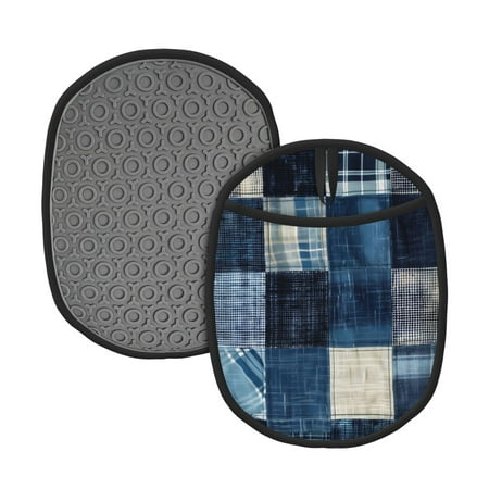 

Matuu Indigo Patchwork Quilt for Non Slip Pot Holder for Kitchen Baking and Cooking Silicone Pot Mat Mitten With Hanging Loop Heat Resistant 7.5 x 9.4 Inches