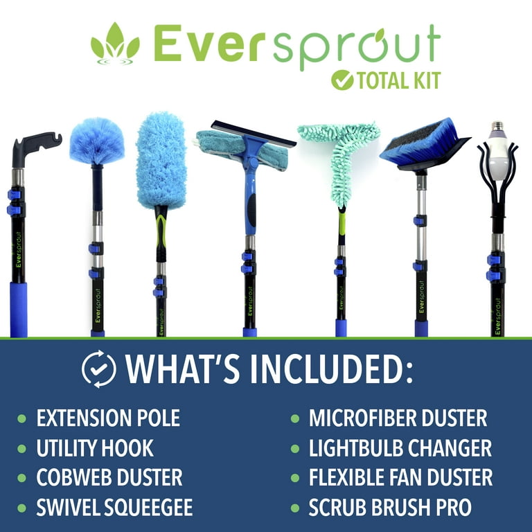 EVERSPROUT 5-to-14 Foot Extension Pole Total Kit (20 Ft Reach) | Telescopic  Pole, Scrub Brush, Light Bulb Changer, Hook, Swivel Squeegee, 3X