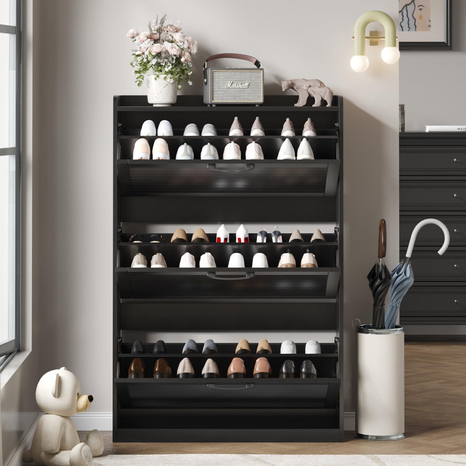 VEANERWOOD Shoe Storage Cabinet with 3 Flip Louvered Doors, Shoe Cabinet for Entryway, Narrow Shoe Rack Cabinet, Black