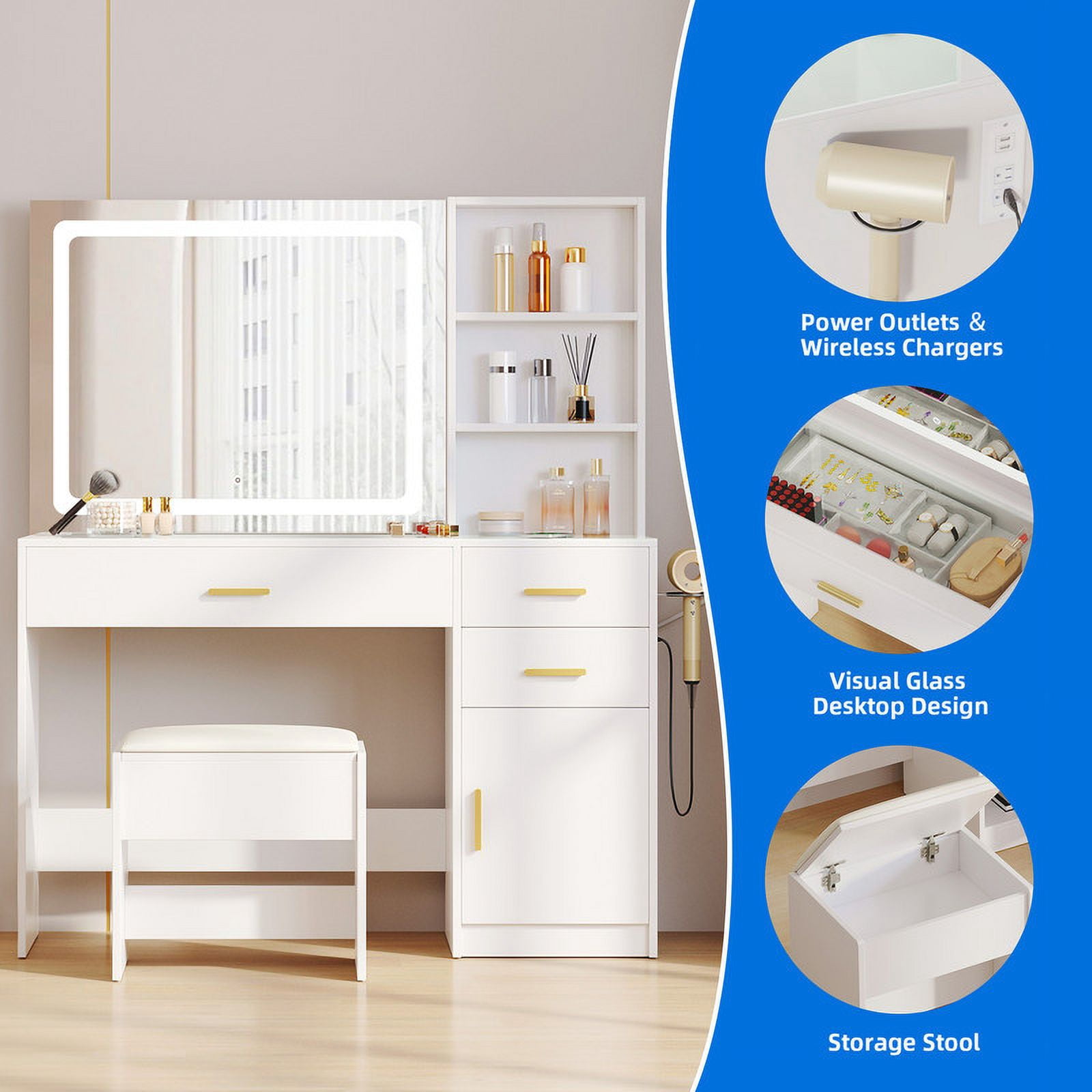 Uforic White Vanity Desk Set with Power Outlet & LED Light, Makeup Vanity with Cushioned Stool, Vanity Table with 2 Drawers& Storage Shelves