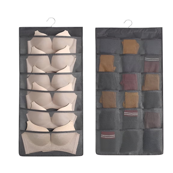 XIBUFE Double-Sided Hanging Organizer for Bras & Underwear | 24-Pocket Storage Bag with Stainless Steel Hanger | 29.7" x 17.3" Mesh Cloth Organizer for Bedroom, Bathroom & Closet