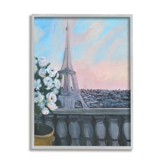 Stupell Industries Spring Eiffel Tower Balcony Traditional European Architecture Travel & Places Painting Gray Framed Art Print Wall Art, 11 x 14