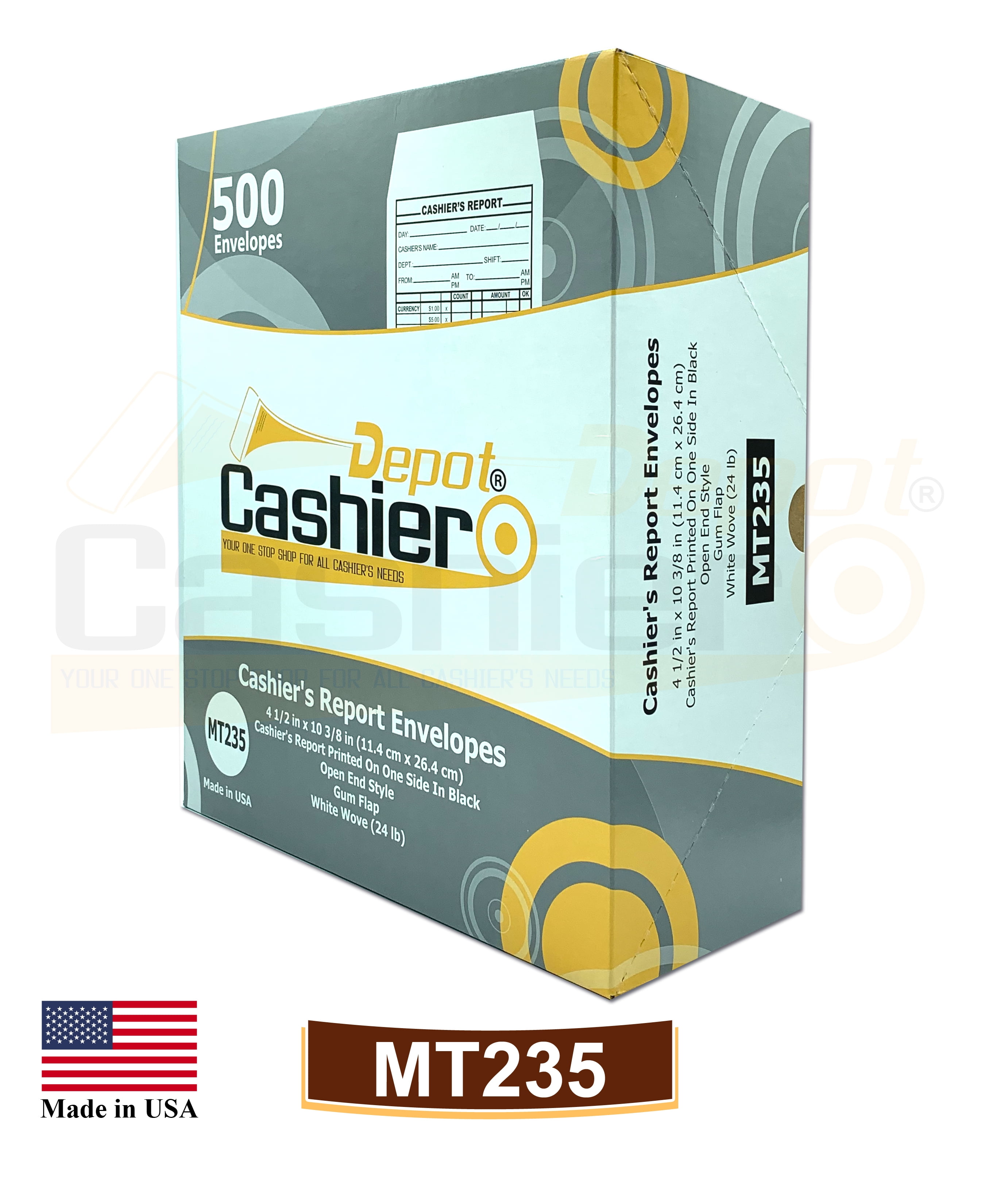 500 Cashier Depot MT235 Cashier's Report Envelope, 4 1/2" x 10 3/8", Premium 24lb White (500 Envelopes)