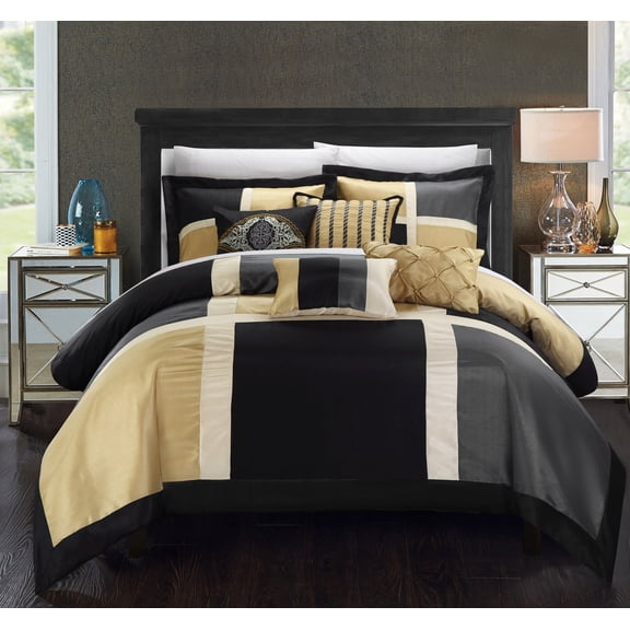 Chic Home Alleta 7 Piece Comforter Contemporary Patchwork Solid Color Block Pattern Design Complete Bedding Set - Decorative Pillows Shams Included, Queen Black