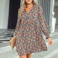 thumbnail image 2 of Vestido casual naranja con mangas abullonadas y escote en V, talla S, con estampado floral, 2 of 6