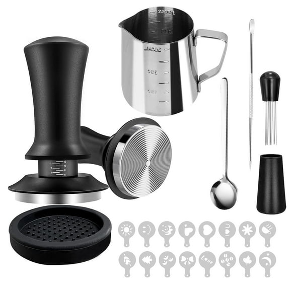 Coffee Tamper Set,51mm Espresso Accessories Kit with  Coffee Tamper, WDT Tool, Tamper Mat, Coffee Stirrer, Latte Art Pen, Milk Frothing Pitcher, 16 Coffee Stencils, Black