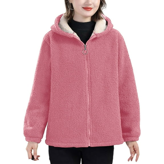 Sherpa Jacket Women Winter Lined Warm Full Zip Up Hoodies Solid Sweatshirts Pink XXL