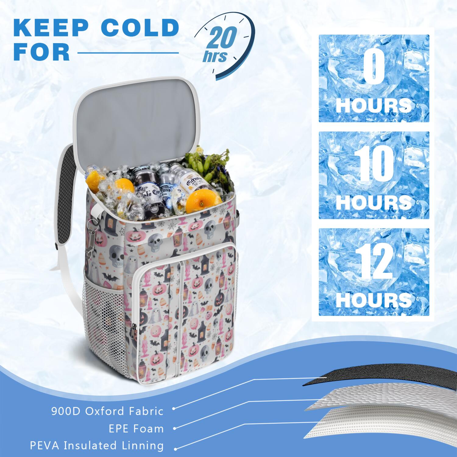 Travel Cooler Bag - Pastel Halloween Pattern Camping Beer Cooler Backpack with Bottle Opener- Waterproof Insulated Picnic Backpacks - Cooler Bag for Beach
