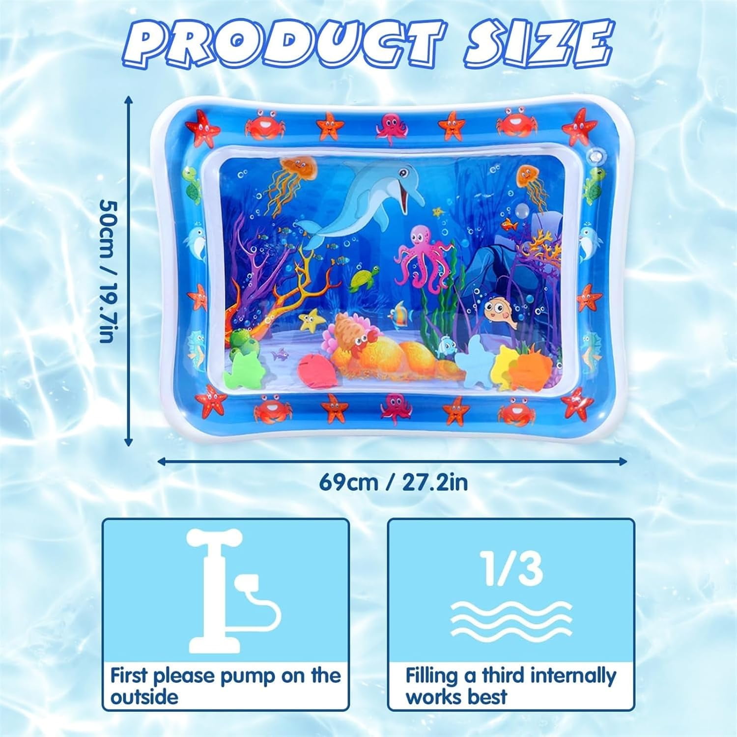 Pet Water Sensory Mat - 2024 New Cat Water Play Mat Indoor Interactive, Baby Tummy Time Water Play Mat, Inflatable Water Squishy Pad Playmat Pool Activity Toy Cat Splash Play Cooling Mat with Fish