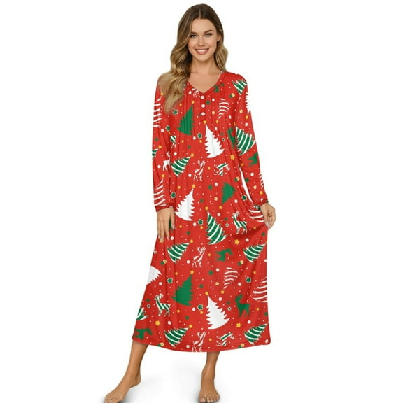 Tutolipy Christmas Tree Printed Nightgowns for Women V Neck Sleepwear Full Length Loungewear Long Sleeve Night Dress for Fall Winter, XL