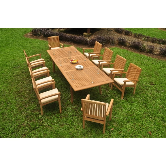 Grade-A Teak Dining Set: 10 Seater 11 Pc: 118" Double Extension Rectangle Table And 10 Wave Stacking Arm Chairs Outdoor Patio WholesaleTeak #WMDSWVs