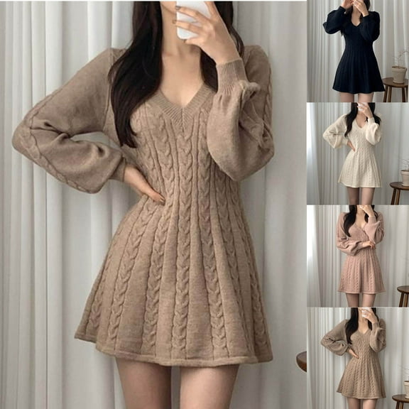 SMihono Womens V Neck Long Sleeve Sweater Dress Casual Loose Spring Latern Sleeve Knit Flowy Short Mini Skater Dresses White 4-14