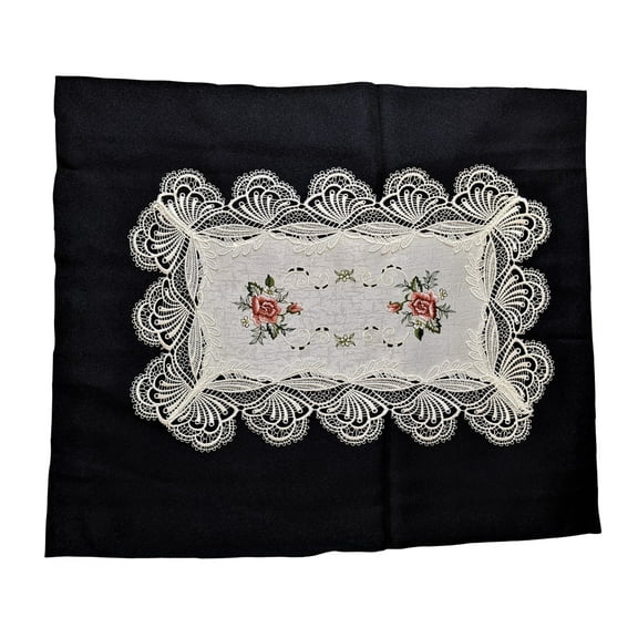 Doily Boutique Place Mat or Doily with Pink Burgundy Roses on White Fabric with Lace Size 17 x 11 inches