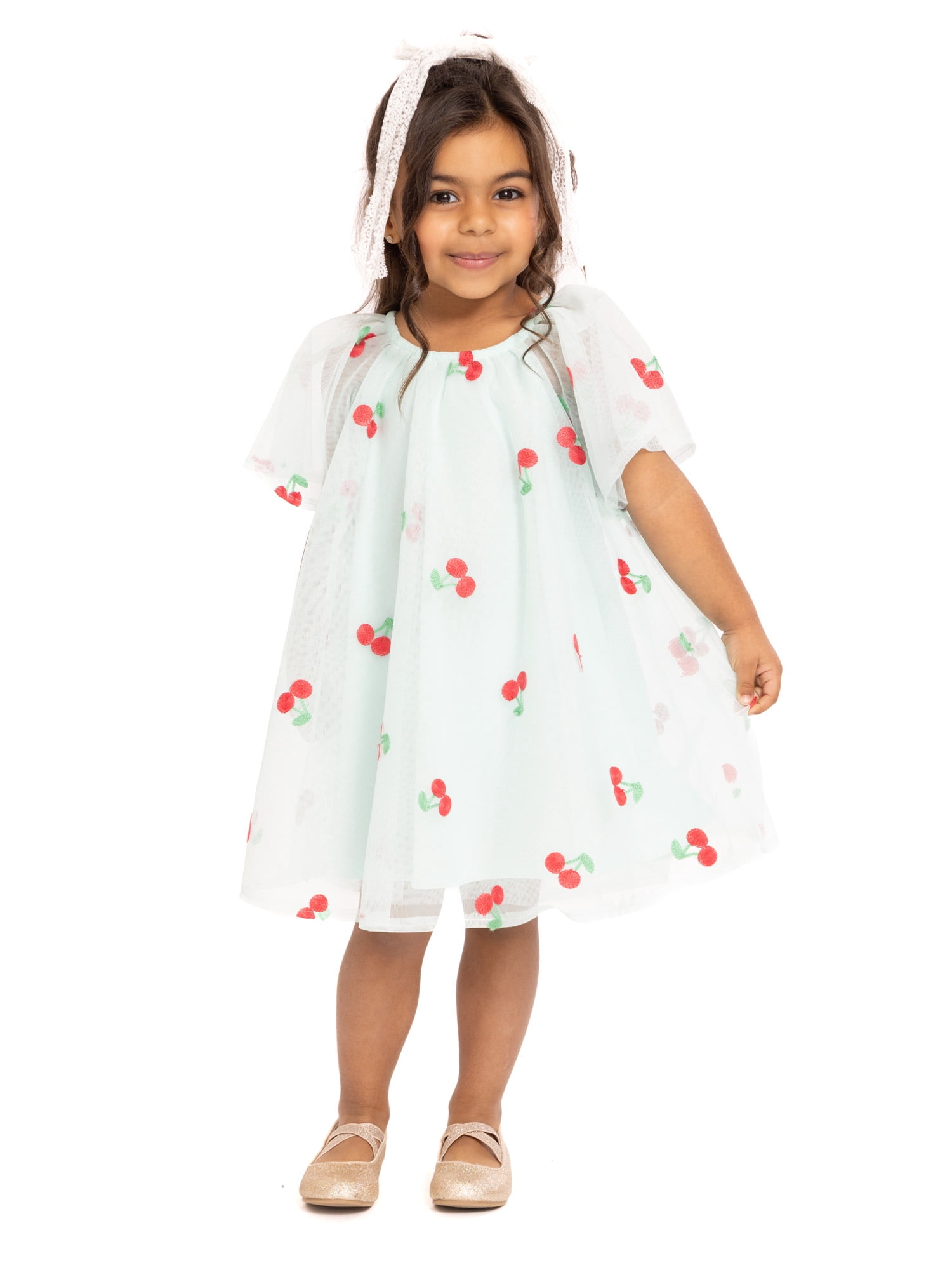 Wonder Nation Toddler Girls Cherry Print Dress with Short Sleeves, Sizes 12M-5T