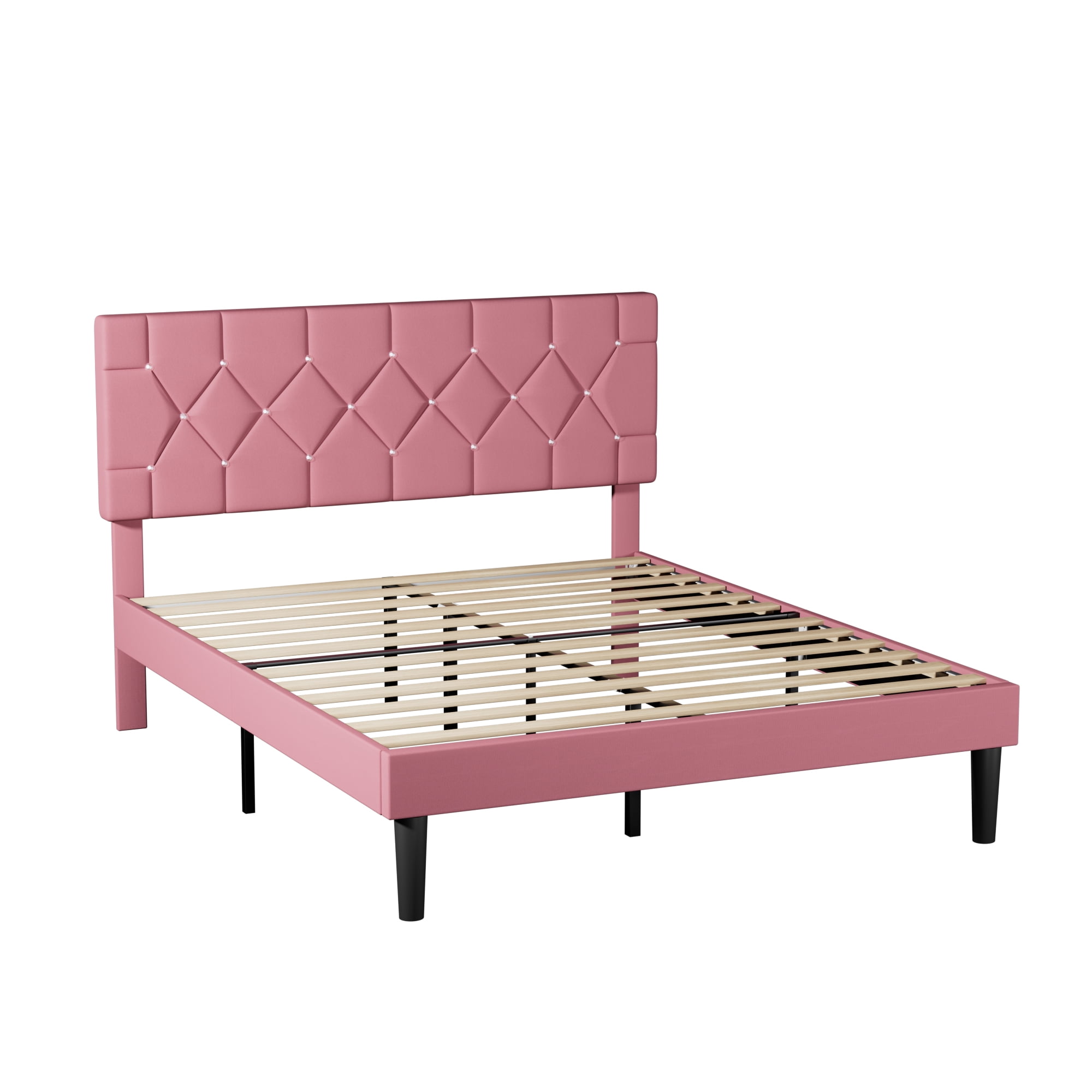 VECELO Full Size Platform Bed Frame, Modern Upholstered Bed Frame with Diamond Tufted Headboard, No Box Spring Needed, Easy Assembly, Pink