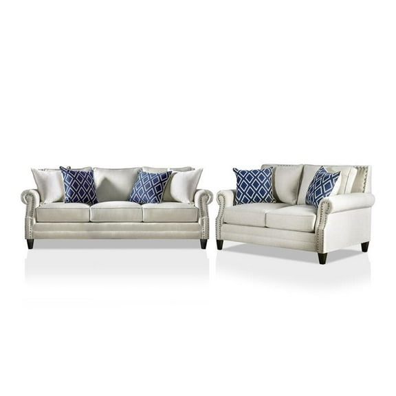 Furniture of America Hanson Fabric Nailhead Trim 2-Piece Sofa Set in Beige