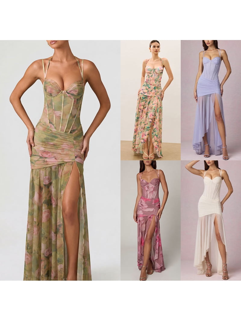 rose formal mesh corset long dress Women's Green Floral Print Maxi Spaghetti Strap Sweetheart High Slit Party Vacation Dress boldmetrics:womens_dresses_petite_num