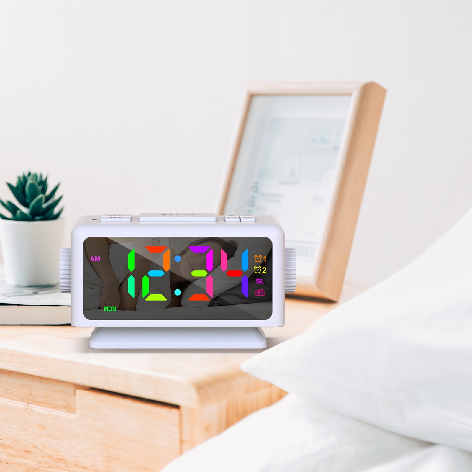 SINIMOKO Perpetual Calendar FM Radio Alarm Clock RGB Colorful Mirror Large Screen Display Electronic Clock Suitable For Giving Holiday Gifts,Father's Day Gifts for Brother