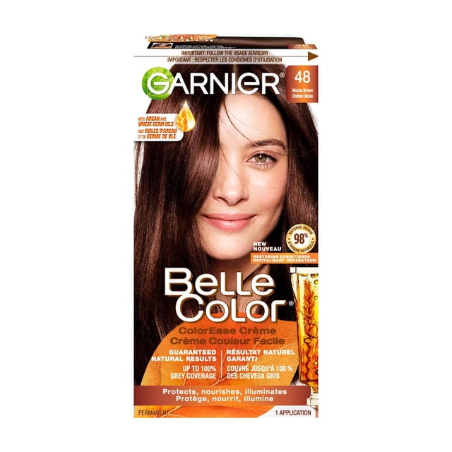 Garnier Belle Color Permanent Hair Dye, 48 Mocha Brown, 100% Grey Coverage, Enriched with Argan Oil and Wheat Germ Oils - 1 Application