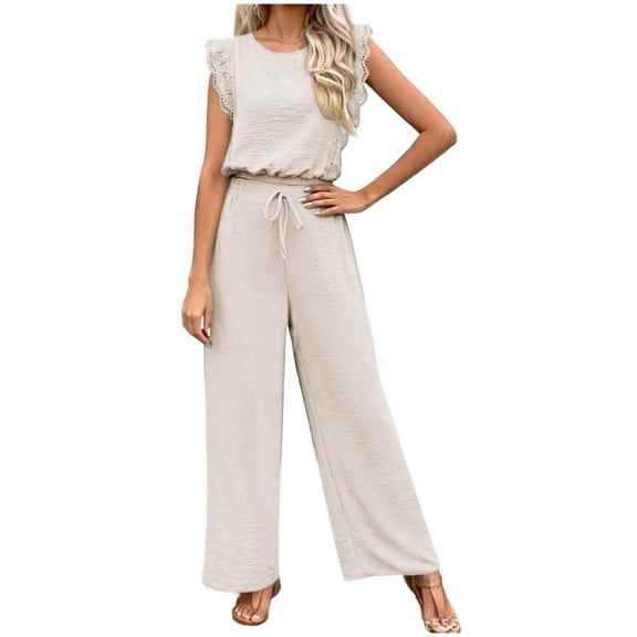 Enjoytime 2 Piece Lounge Sets for Women Round Neck Ruffle Cap Sleeve Matching Set Work Casual Travel Outfits Wide Leg Pants